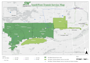 A map displaying SouthWest Transit’s service area, located primarily in the southwest suburbs of the Twin Cities, MN. 